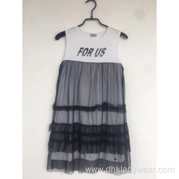 Girls knit fashion print black net dress